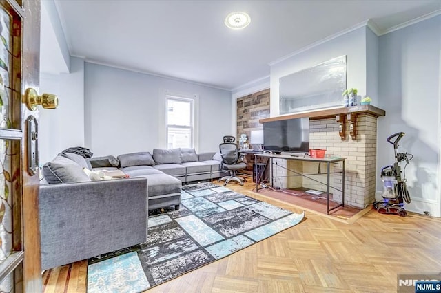 living room featuring parquet floors and ornamental molding