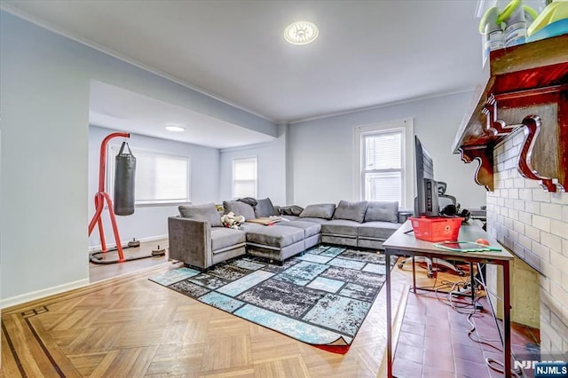 living room featuring parquet flooring and ornamental molding