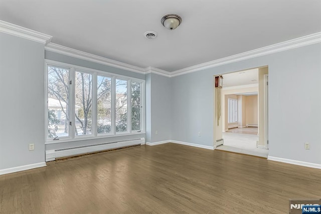 spare room with crown molding, a baseboard radiator, and dark hardwood / wood-style floors