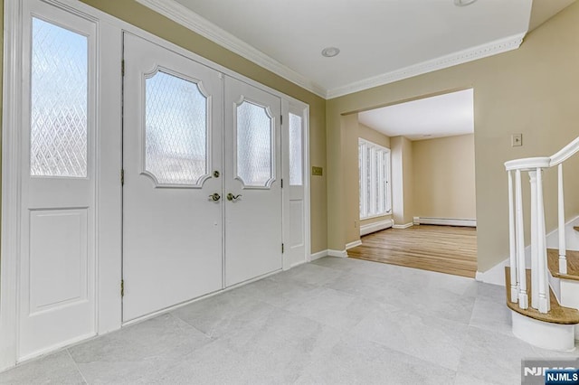 foyer with crown molding, a baseboard radiator, and french doors