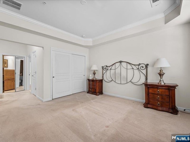 carpeted bedroom featuring ornamental molding, a raised ceiling, and a closet