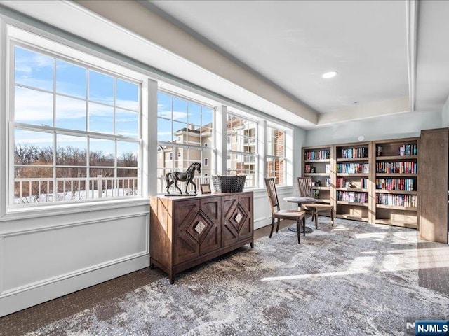 living area featuring a raised ceiling and carpet floors