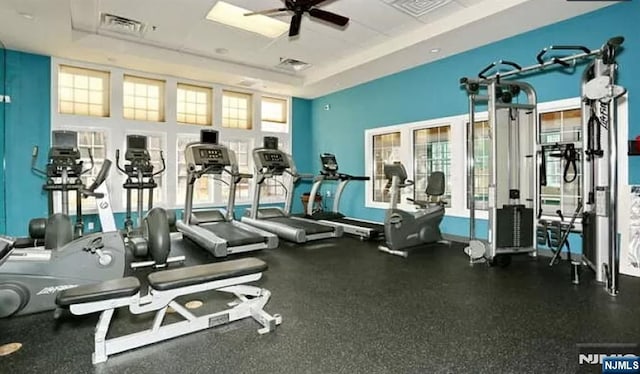 workout area featuring a raised ceiling and ceiling fan