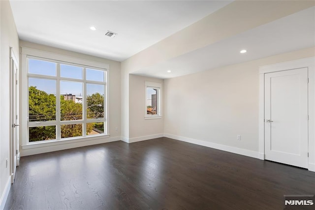 spare room with plenty of natural light and dark wood-type flooring