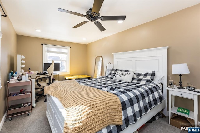 bedroom featuring carpet floors and ceiling fan