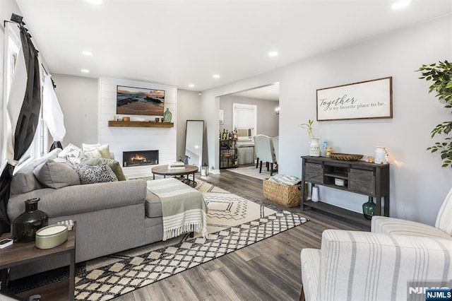 living room featuring dark wood-type flooring and a large fireplace