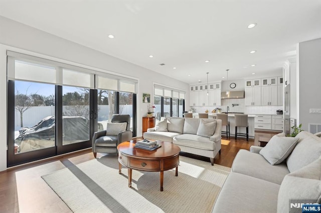 living room with hardwood / wood-style floors, sink, and french doors