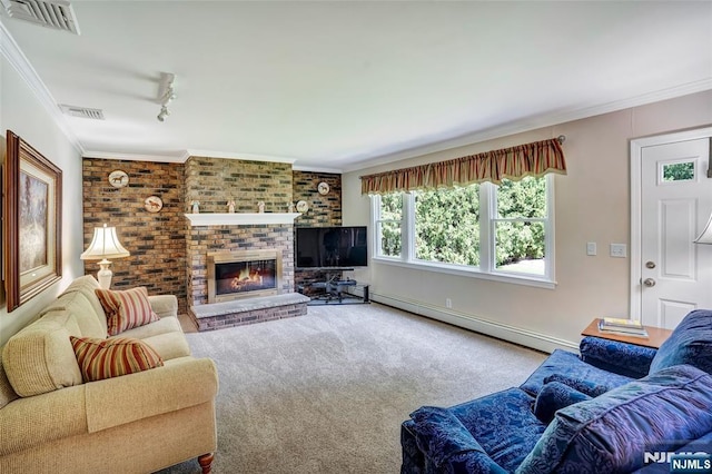 living room with visible vents, a baseboard heating unit, carpet, crown molding, and a brick fireplace