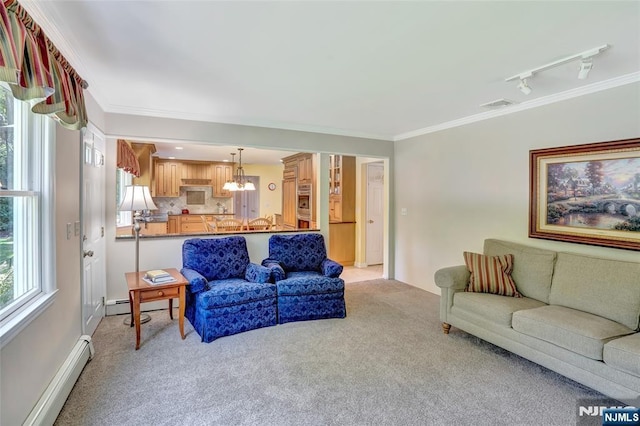 living room with light carpet, baseboard heating, visible vents, and ornamental molding