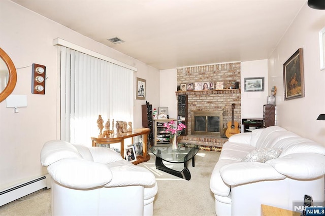 carpeted living room featuring baseboard heating and a fireplace