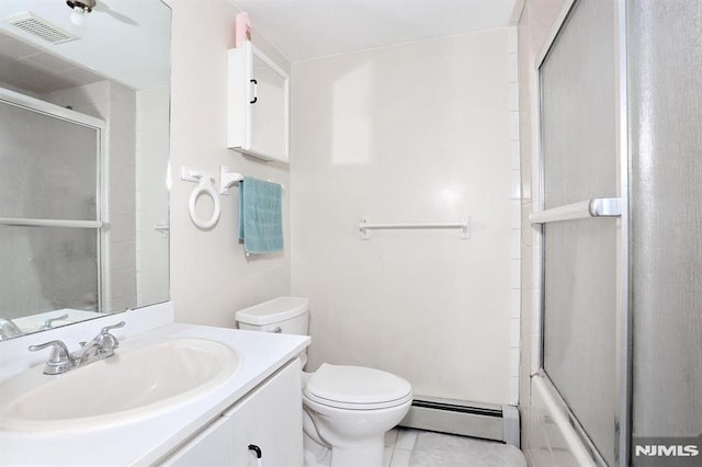 full bathroom featuring tile patterned floors, toilet, combined bath / shower with glass door, vanity, and a baseboard heating unit