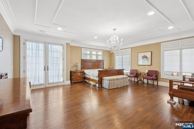 bedroom featuring french doors, ornamental molding, dark hardwood / wood-style flooring, and access to exterior