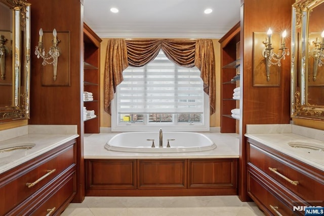 bathroom featuring vanity, a washtub, and ornamental molding