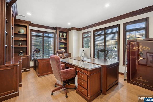 office space featuring ornamental molding, a healthy amount of sunlight, and light hardwood / wood-style floors