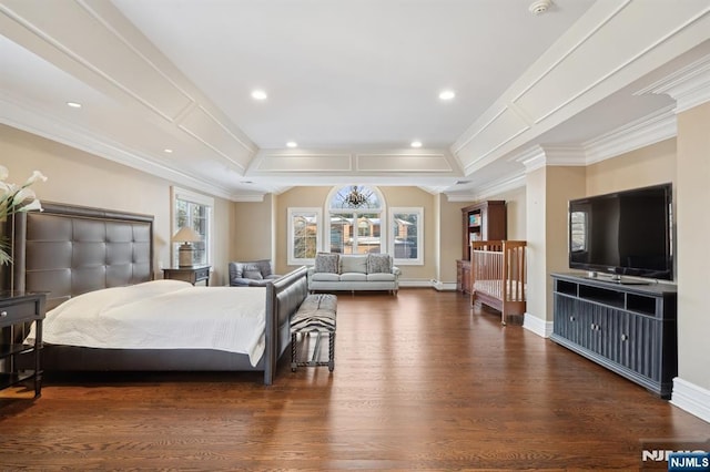 bedroom featuring multiple windows, ornamental molding, and dark hardwood / wood-style floors