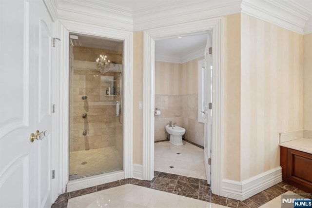 bathroom with a bidet, crown molding, and walk in shower