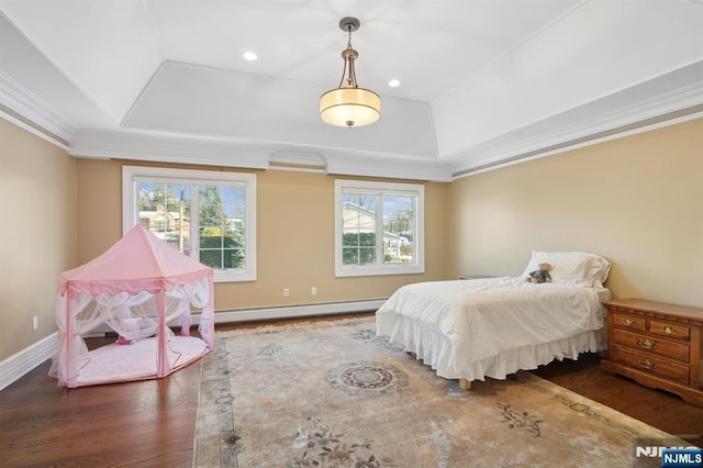 bedroom with multiple windows, ornamental molding, and a tray ceiling