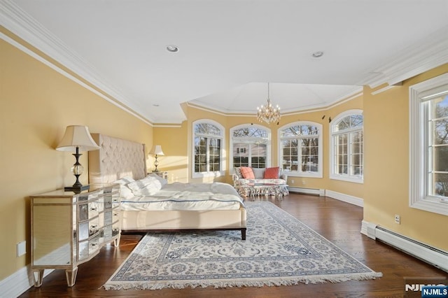 bedroom featuring a baseboard radiator, ornamental molding, dark wood-type flooring, and a notable chandelier