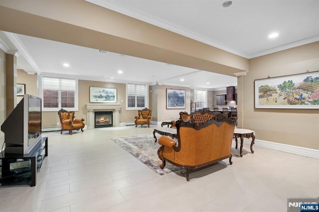 living room featuring crown molding