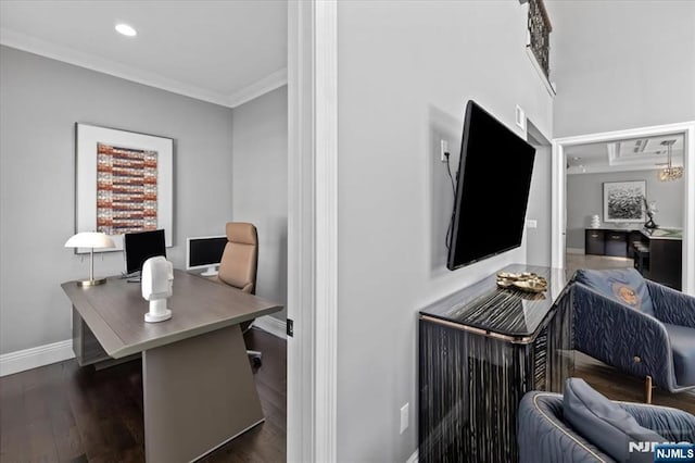 home office with crown molding and dark wood-type flooring