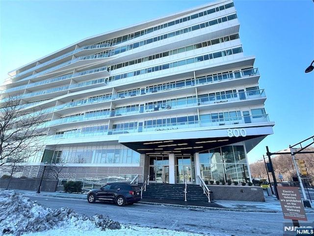 view of snow covered building