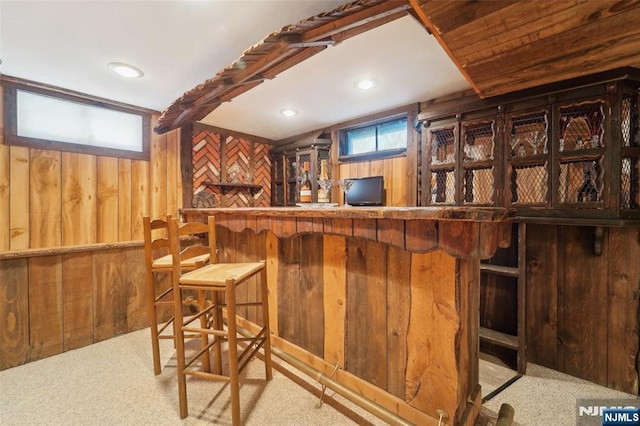 bar featuring light carpet and wood walls