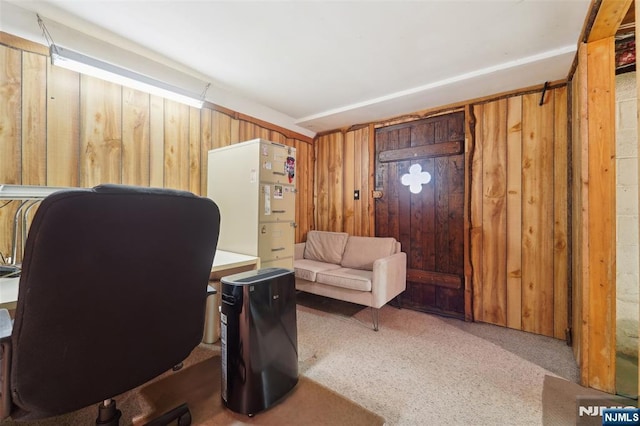 office area featuring wooden walls