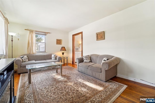 living room featuring dark wood-type flooring