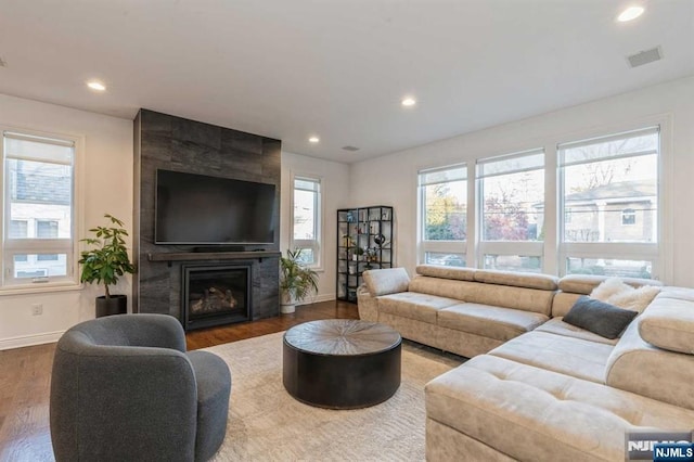 living room featuring a fireplace and hardwood / wood-style floors