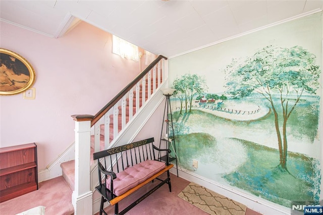 staircase with crown molding and carpet