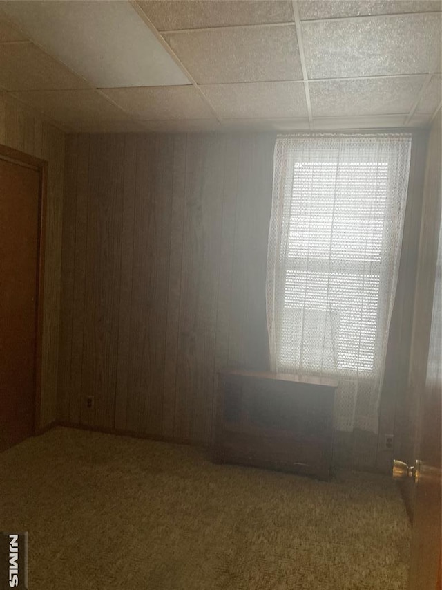 empty room with a paneled ceiling, carpet, and wood walls