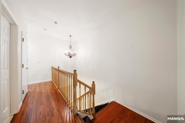 corridor with an inviting chandelier and dark hardwood / wood-style flooring