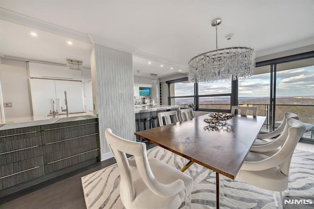 dining space featuring crown molding and dark hardwood / wood-style flooring