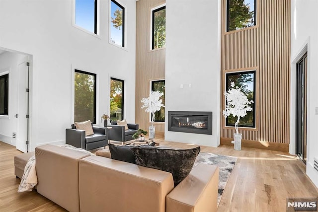 living room with a towering ceiling and light hardwood / wood-style floors