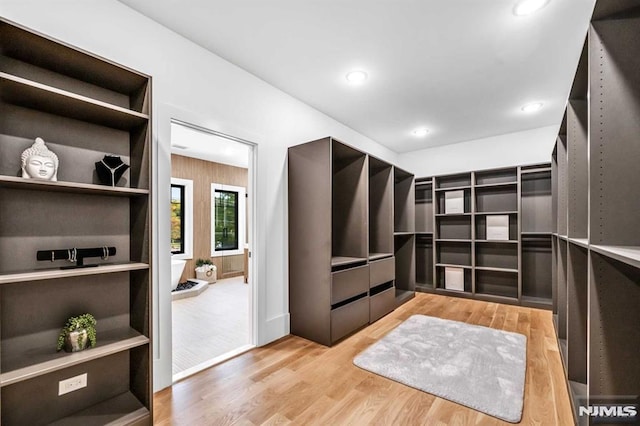 walk in closet with light hardwood / wood-style floors