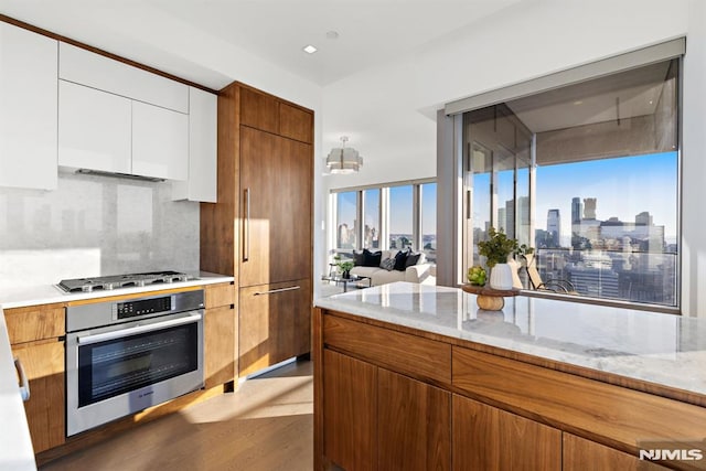 kitchen featuring white cabinetry, wood-type flooring, stainless steel appliances, light stone countertops, and backsplash