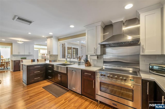 kitchen featuring white cabinetry, appliances with stainless steel finishes, sink, and wall chimney range hood