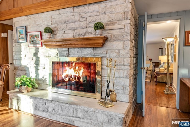 room details with hardwood / wood-style flooring and a fireplace