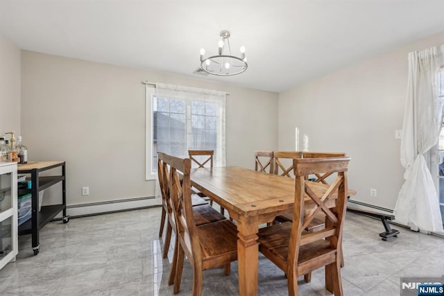 dining room featuring a baseboard radiator and a chandelier