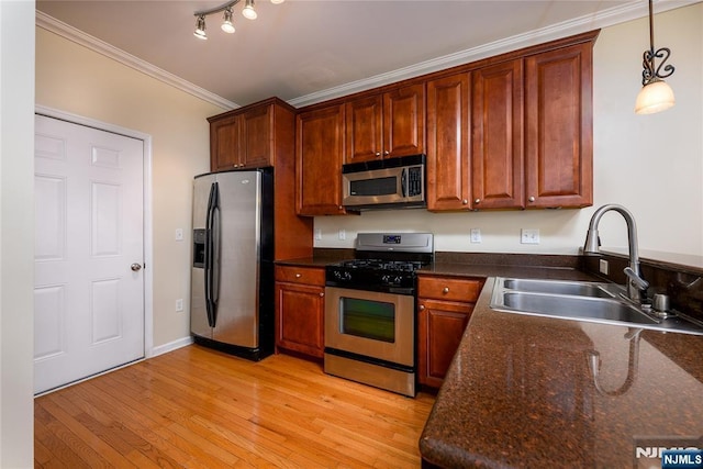 kitchen with sink, hanging light fixtures, light wood-type flooring, ornamental molding, and stainless steel appliances