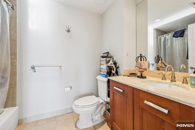 full bathroom with tile patterned flooring, vanity, toilet, and shower / tub combo with curtain