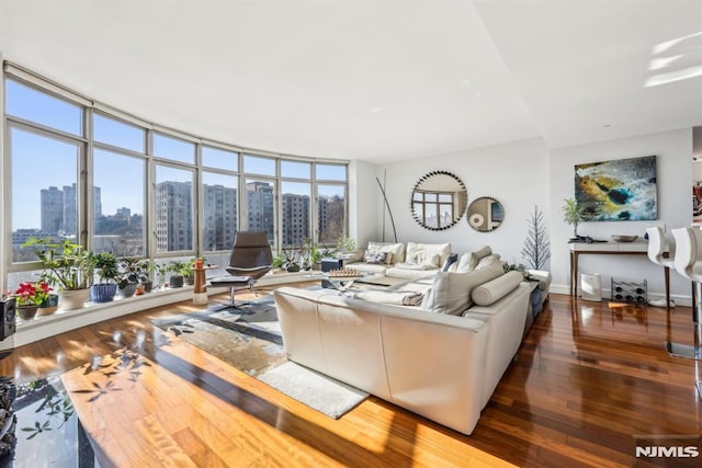 living room featuring floor to ceiling windows and dark hardwood / wood-style floors