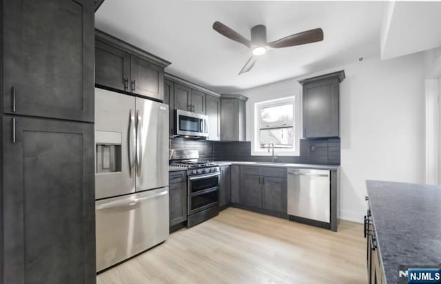 23 Roma St, Nutley, NJ 07110 - kitchen featuring ceiling fan, light wood-type flooring, a sink, stainless steel appliances, and backsplash