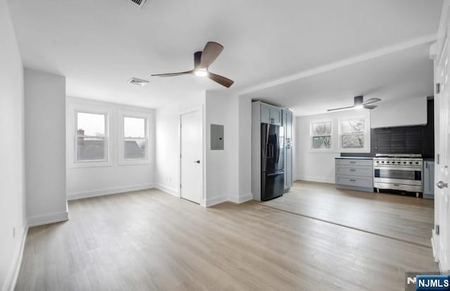 23 Roma St, Nutley, NJ 07110 - unfurnished living room with ceiling fan, electric panel, visible vents, light wood finished floors, and baseboards