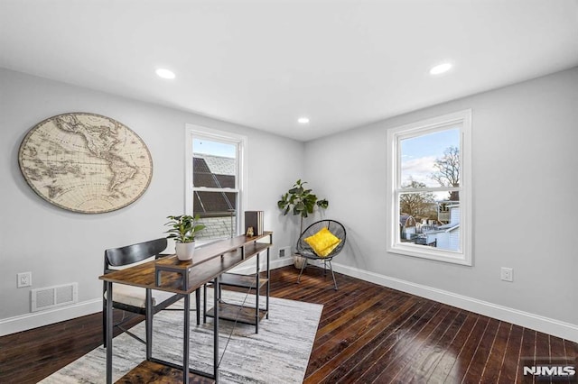 office area with dark wood-type flooring