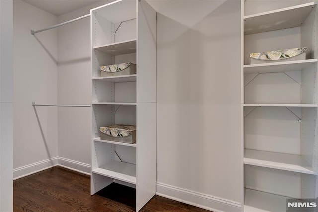 walk in closet with dark hardwood / wood-style floors