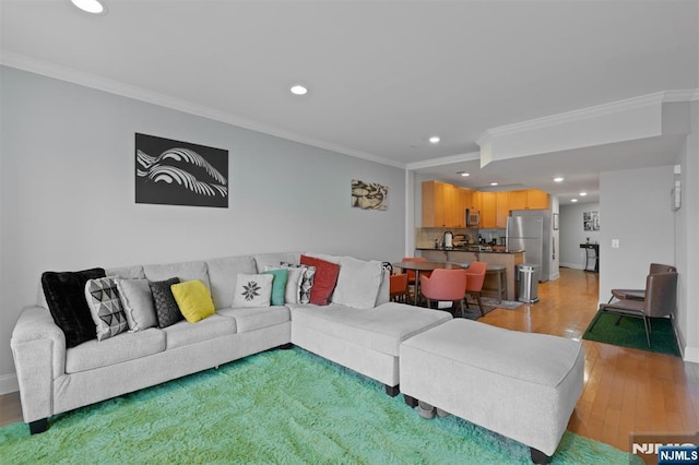 living room with ornamental molding and light hardwood / wood-style floors