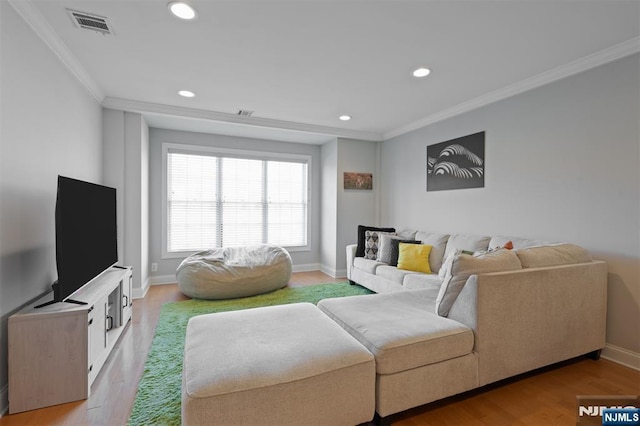 living room featuring ornamental molding and light wood-type flooring