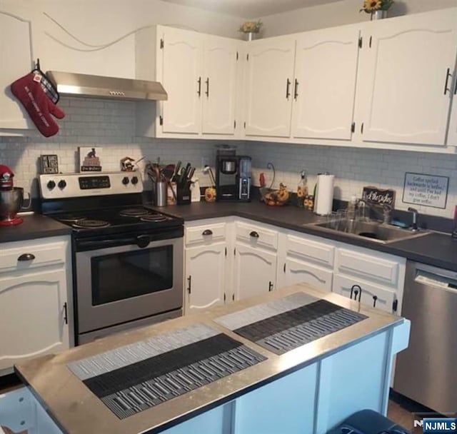 kitchen featuring appliances with stainless steel finishes, sink, white cabinets, and backsplash