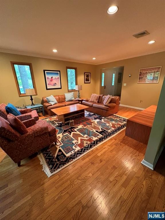 103 Northwood Ave, Demarest, NJ 07627 - living room with ornamental molding, wood finished floors, recessed lighting, and baseboards